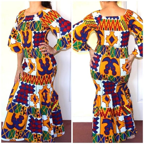 Handmade African mermaid multicolor ruffled trumpet Maxi dress Size M stretch - Picture 1 of 12